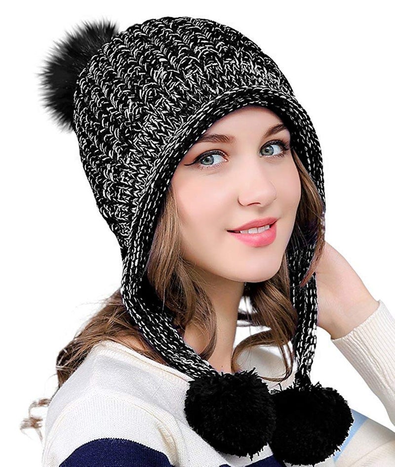 DOCILA Winter Knit Hats for Women Soft Faux Fur Pom Ear Flaps Beanie Warm Travel Ear Covers Peruvian Hat Fleece Liner Sherpa Skii Snow Camping Skully Cap (Black) - Image 1